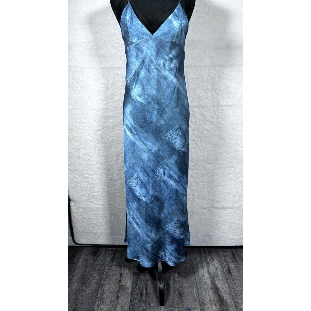 Zara Womens XS Blue Denim Print Satin Slip Dress Open Back Maxi Trompe L'oeil